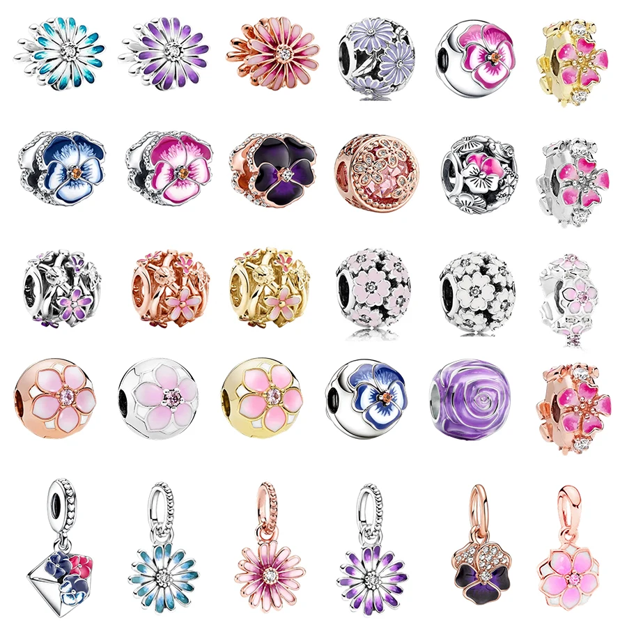 حار غرامة الأزياء والمجوهرات حبة الوردي زهرة الأقحوان 、 الأرجواني روز وزهرة بانسي استرخى سحر صالح الأصلي الفضة سوار DIY مجوهرات