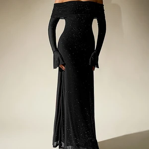 Newsia Damen -langes Kleid mit Glockenhülsen, Außenschulter, Pailletten, nackte Rücken, Doppelschicht, Clubparty, glänzendes Netz, Maxikleider, braun 8 Hauptverkäufe langes braunes Kleid - №4