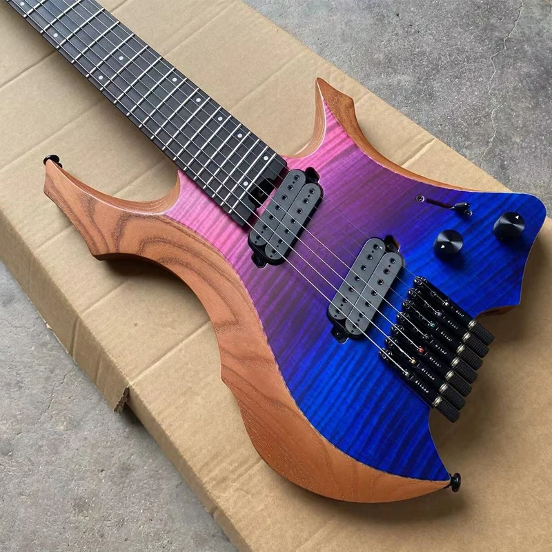 Acepro 7 String Headless Electric Guitar, Fanned Frets, Passive Pickups, 9 Piece Roasted Maple Neck, Ash Body Flame Maple Top