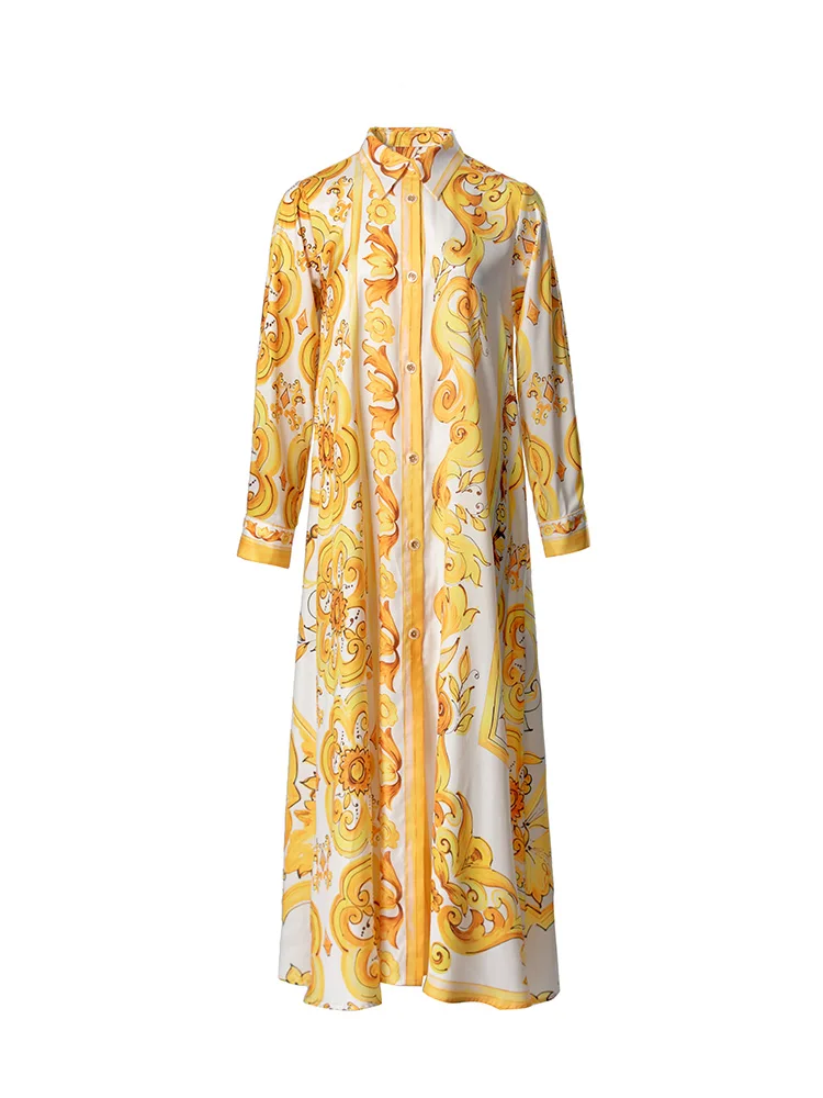 

Fashion Women's Dress Luxury Designer Long-Sleeved Printed Single-Breasted Turn-down Collar Dress High Quality Female Clothing