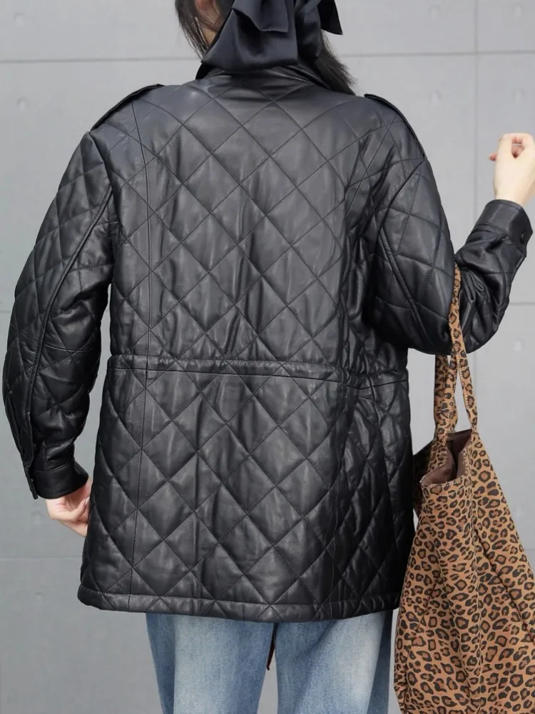 เสื้อแจ็คเก็ตหนังแท้สำหรับผู้หญิง สไตล์ลำลอง ปกพับได้ แขนยาว ทรงหลวม ผ้าหนังแกะ เหมาะสำหรับฤดูหนาว