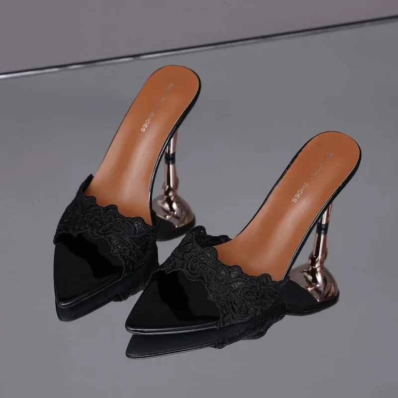 Women Lace Floral Slide Mules, Pointed Open Toe Sculptured Stiletto High Heel Slippers, Evening Party Sandals view 4