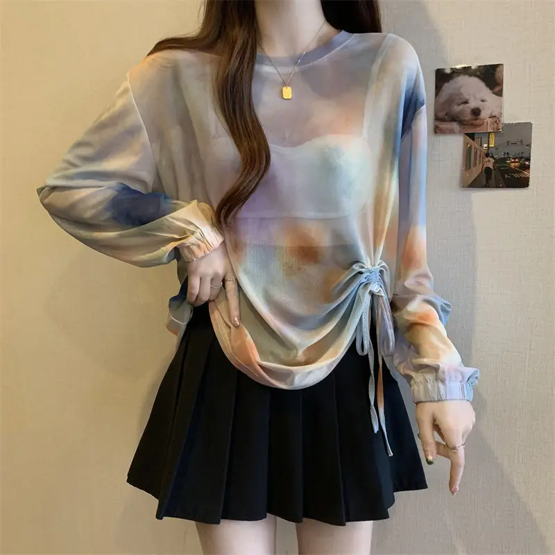 O Neck Loose Perspective Pullovers Summer Thin Ice Silk Lacing Drawstring Tops Tees Simplicity Fashion Casual Clothes for Women