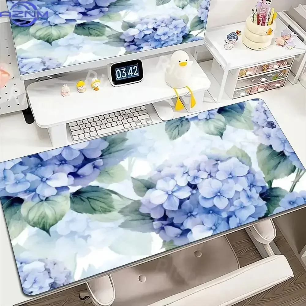 Watercolor Hydrangea Floral Large Gaming Desk Mat Extended Mouse Pad Smooth Cloth Surface Non-Slip Washable Stitched Edge for PC