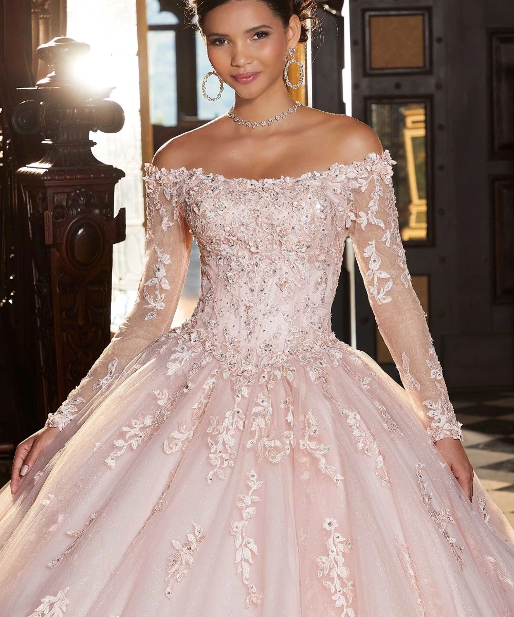 EVLAST-vestido De Quinceañera De manga larga De encaje con purpurina, 2024, apliques florales en 3D, cuentas dulces, 16 Vestidos De 15 Años, TQD147