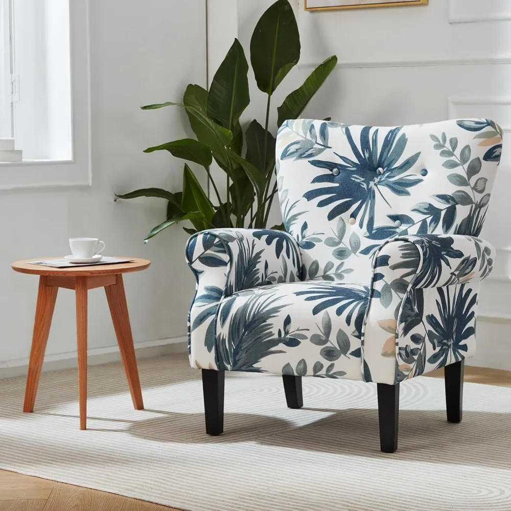 

Mid-century Wingback Armchair, Modern Upholstered Fabric High Back Armchair with Wooden Legs, Upholstered Club Chair