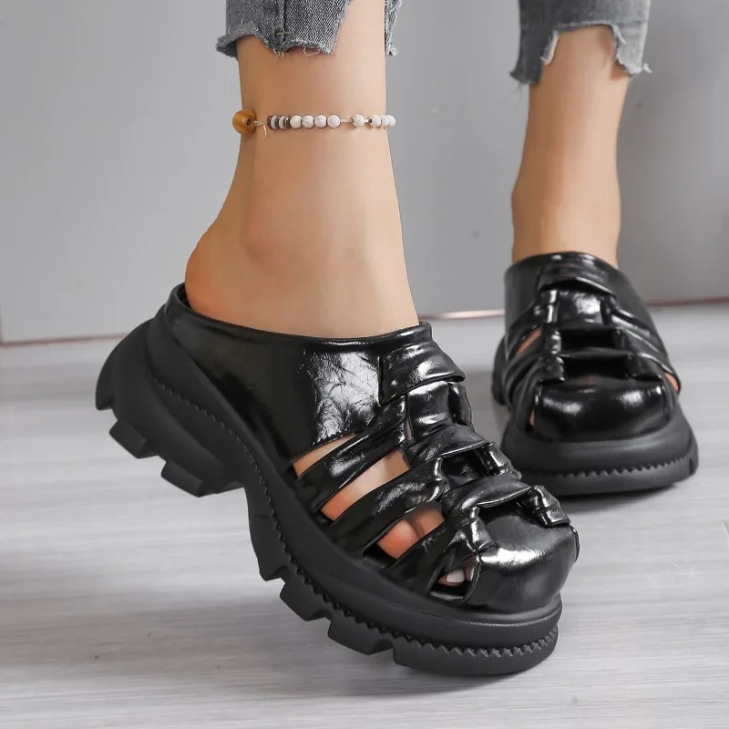 

Женские тапочки Baotou, новая летняя одежда с круглым носком, дышащая платформа, маленькие римские сандалии на высоком каблуке