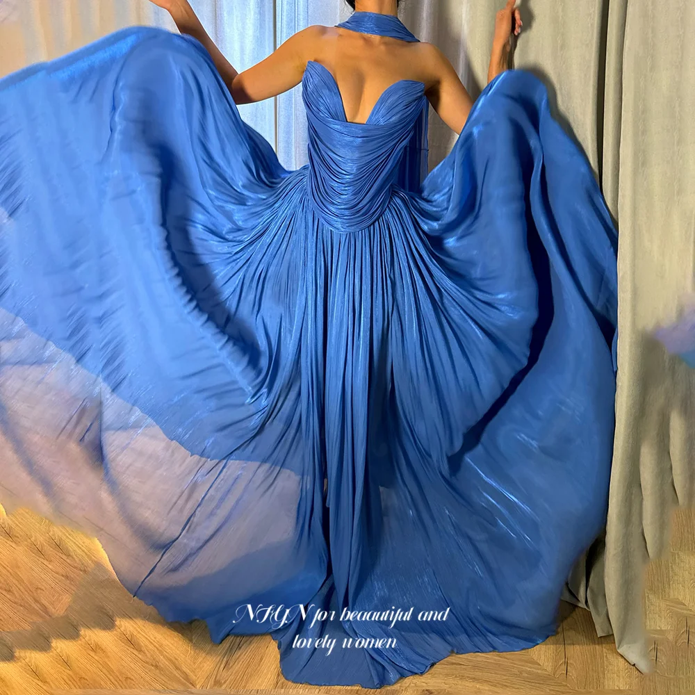 

NFYN Милое платье для выпускного вечера со складками Вечернее платье трапециевидной формы с шарфом Синее вечернее платье знаменитостей для женщин по индивидуальному заказу