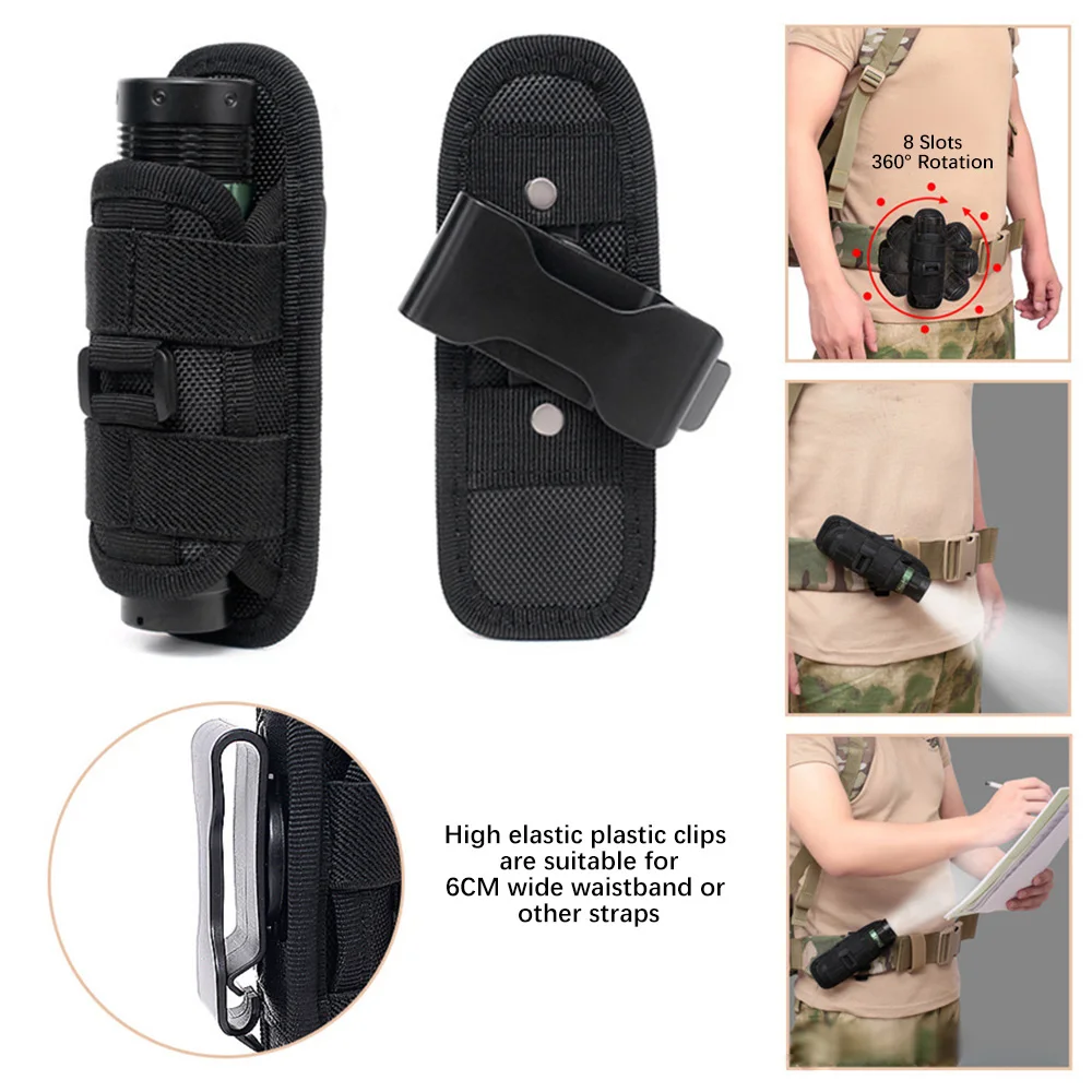 Outdoor Tactical Flashlight Pouch Holster Molle Belt 360 Degrees Rotatable Torch Case Holder Hunting Light Accessories Waist Bag