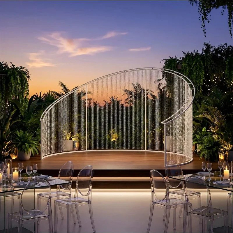 Wedding Arch Curved Backdrop Stand Adjustable 2-2.4m Double Ring with 150pcs Octagonal Beads for Outdoor Party Stage Decor