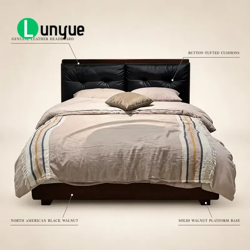 Gothic Platform Bed American Black Walnut Frame Leather Tufted Headboard Solid Wood Bedroom Furniture for Master Room Hotel
