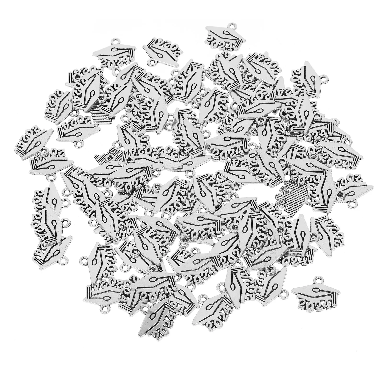 100 Pcs Ancient Silver 2024 Pendant Number Charms Alloy Necklace Making Findings Graduation Hat