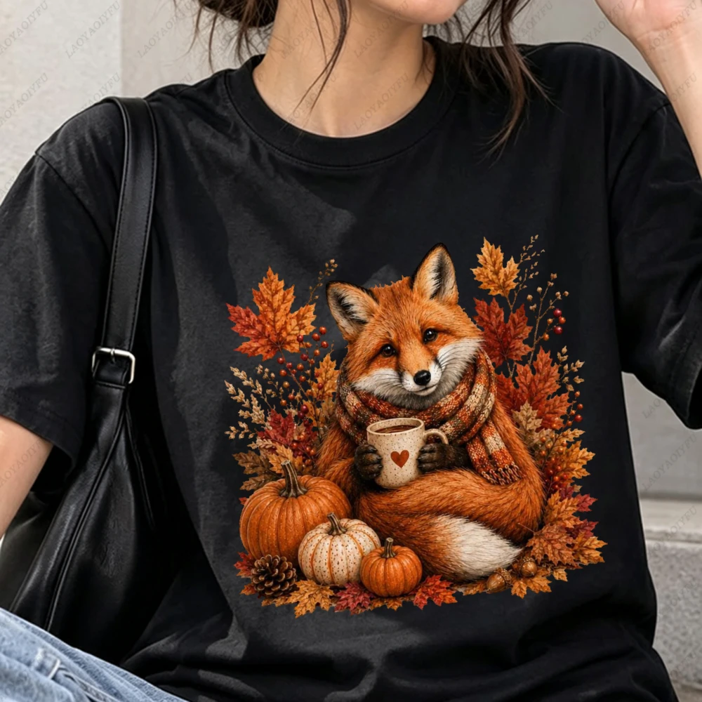Autumn Fox Coffee Pumpkin Maple Leaf Graphic Women Casual Short Sleeve Cotton T-Shirt Cute Fall Animal Cozy Harvest Shirt