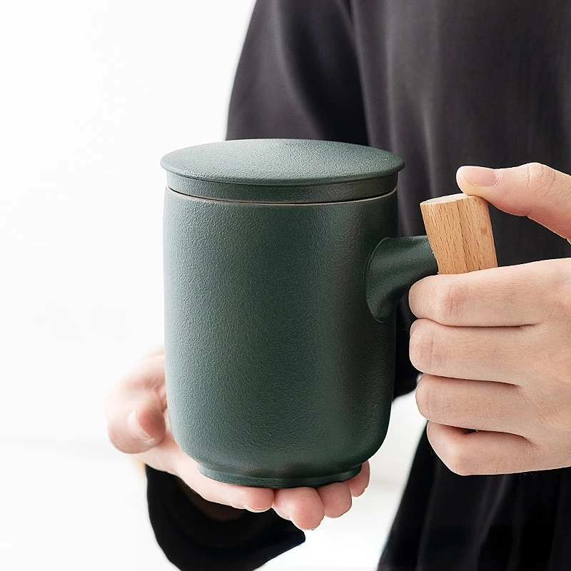 Tea Separation Mug Ceramic Frosted Tea Cup Household Office Wooden Handle Mug With Lid Filtration Ceramic and Pottery Cups Mugs