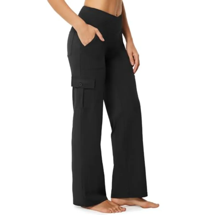Pantalones de yoga de pierna ancha para mujer Casei con 6 bolsillos, pantalones de trabajo elásticos tipo cargo, pantalones de viaje de cintura alta