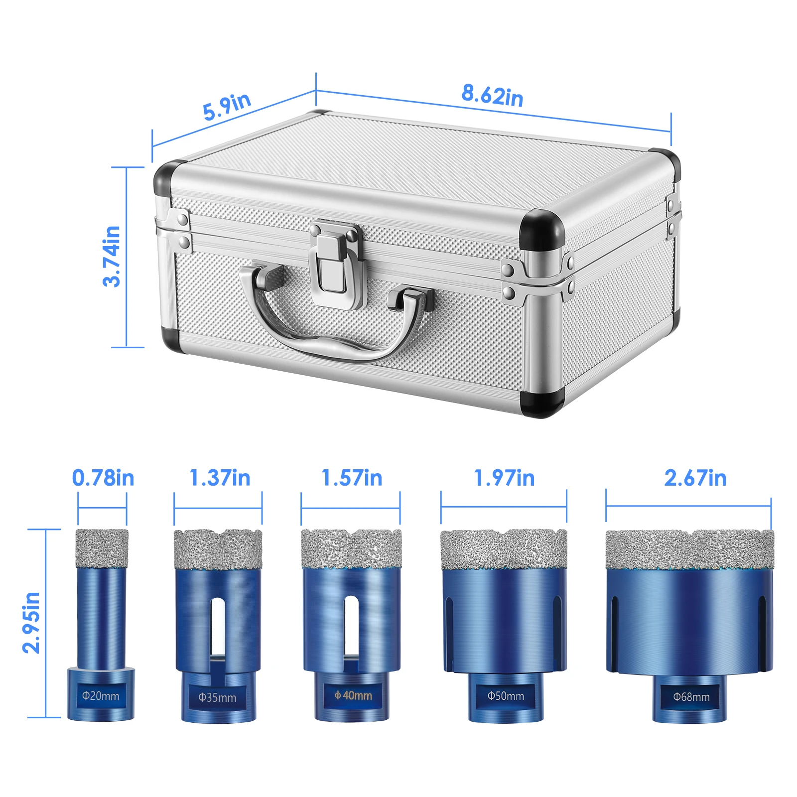 5pcs Diamond Hole Saw Kit 20/35/40/50/68mm  M14 75mm Llength Diamond Drill Bits for Porcelain Tile Granite Marble Stone Masonry