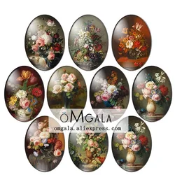 Vintage Oil Painting Rose Flowers 10pcs 13x18mm/18x25mm/30x40mm Oval photo glass cabochon demo flat back Making findings