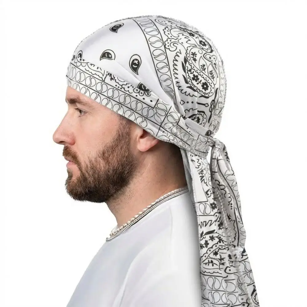 Fashion Amoeba Print Men's Headscarf Imitation Silk Lightweight Long Tail Pirate Cap Wave Print Breathable Hip Hop Hat Outdoor