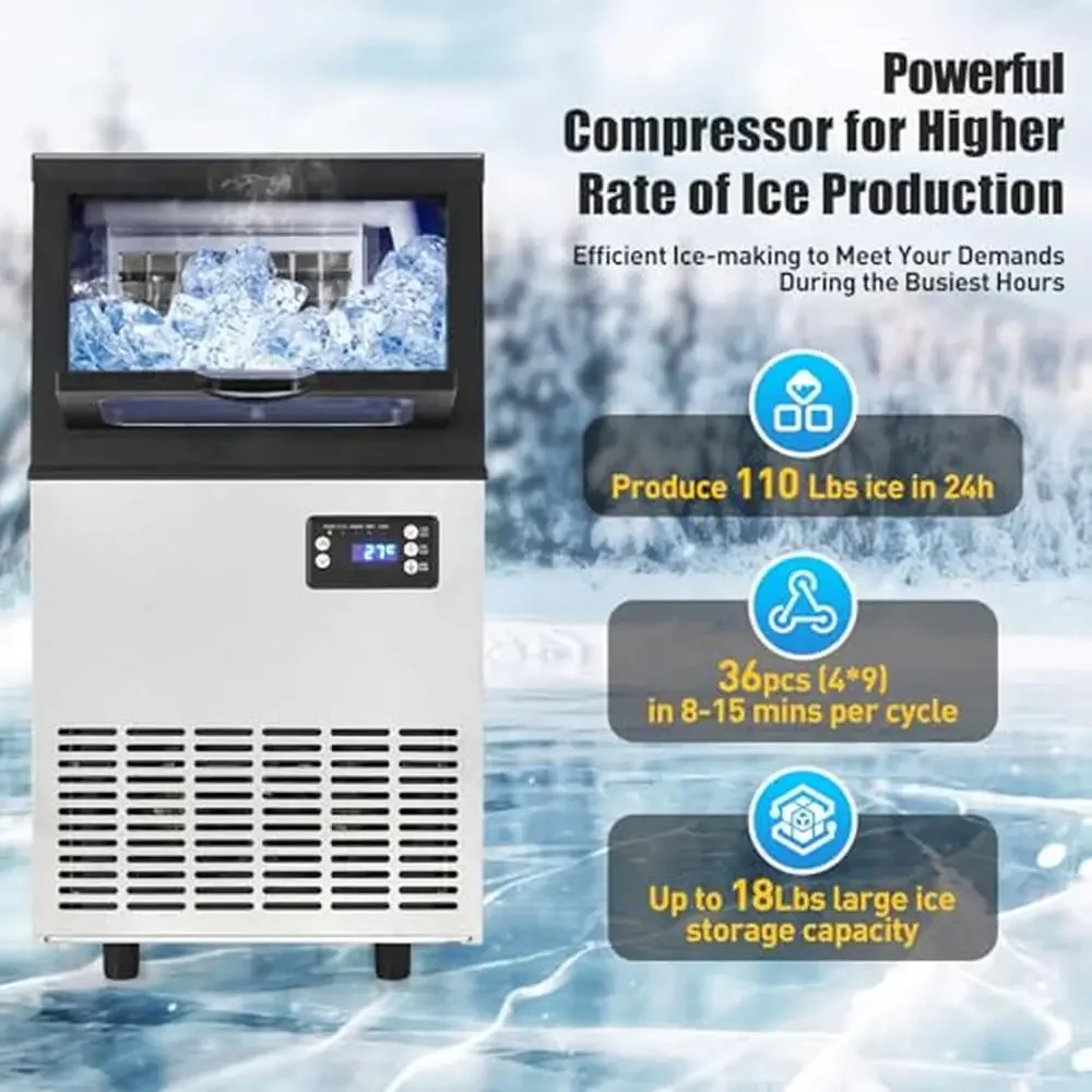 110Lbs/24H Commercial Ice Maker Machine with 18Lbs Ice Storage Capacity and Auto Self-Cleaning High Quality Stainless Steel Ice