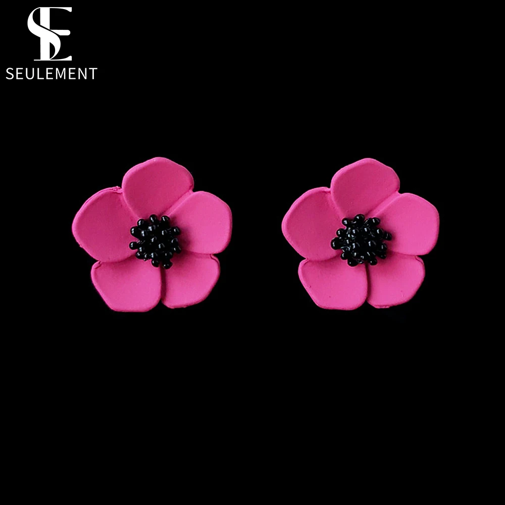 Seulement 925 Sterling Silver Needle Beautiful Flower Stud Earrings for Women Pink Baking Varnish Handmade Earring Party Jewelry