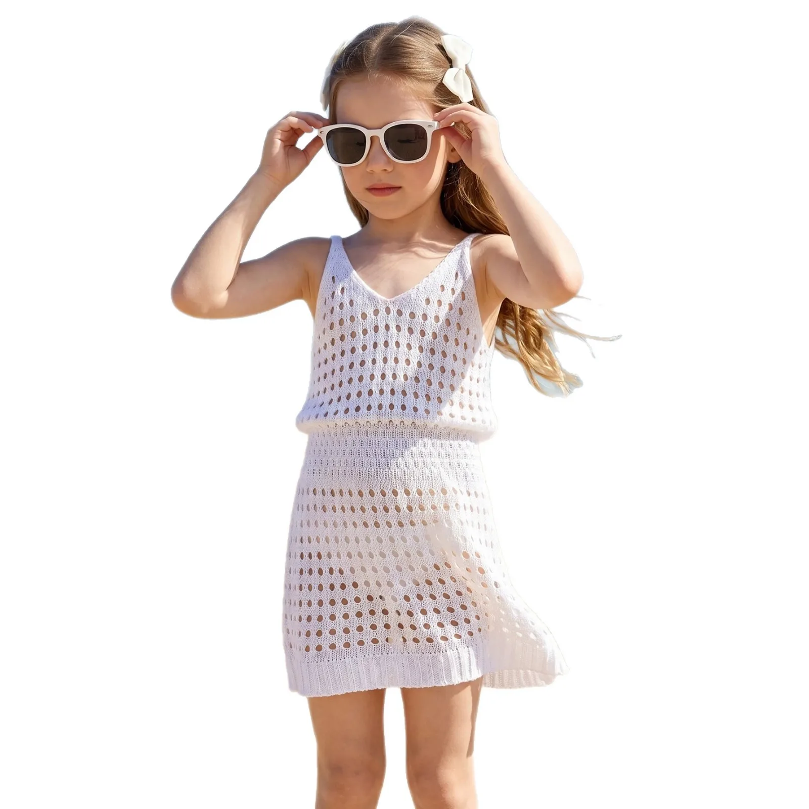 New simple girls' summer dress solid color women's treasure sleeve skirt children's clothing beach dress 5