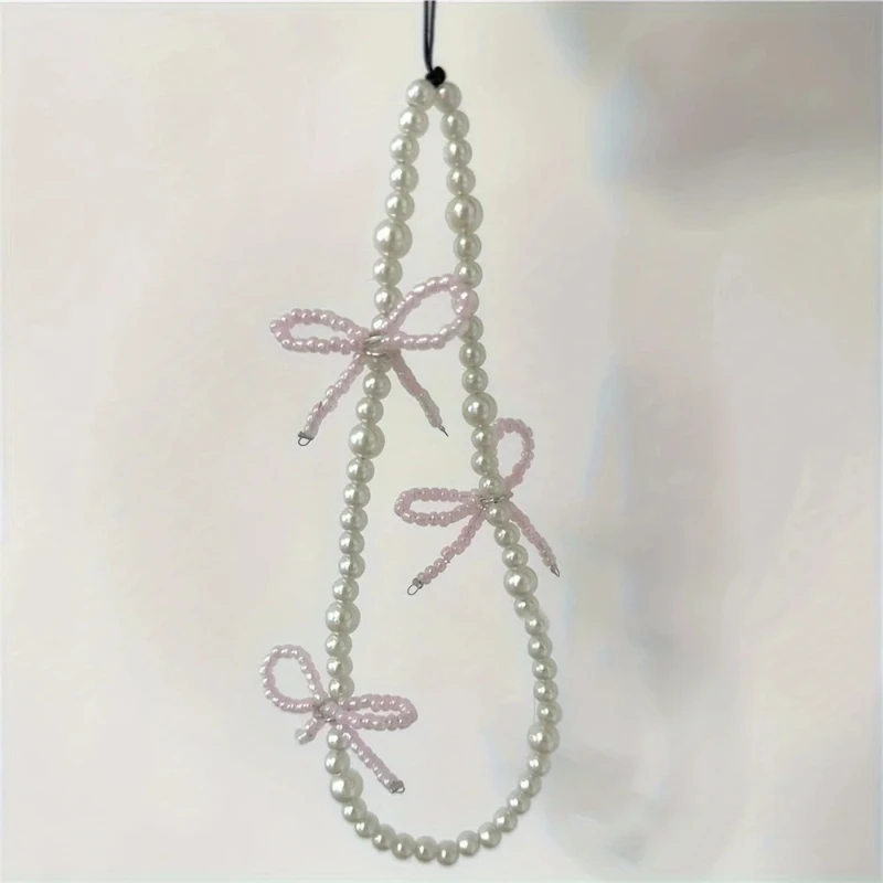Korea Pink Bowknot Pearl Pendant Beaded Phone Charm for IPhone Accessrioes Lanyard Woman Girl Jewelry Hanging Rope Strap