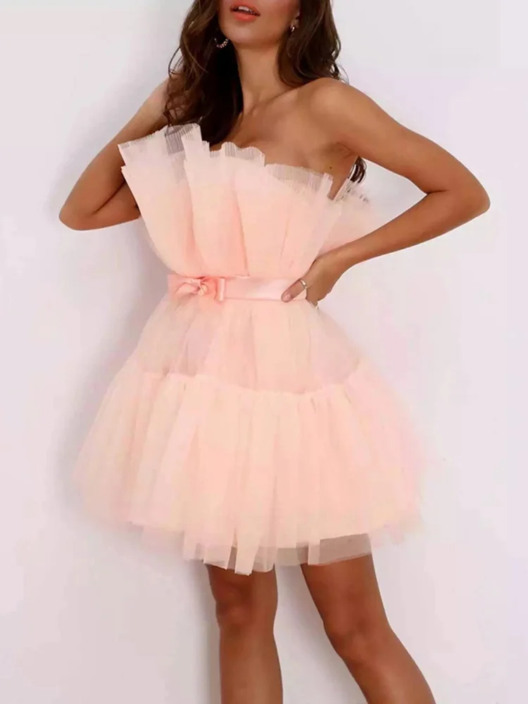 2022 Summer Long Sleeve Pleated Loose Dress Women Spring Off Shoulder Mesh Party Dress Sexy Slash Neck Backless Mini Short Dress