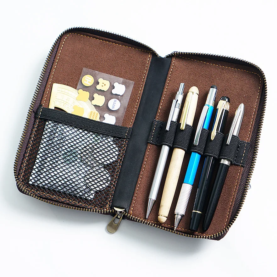 Retro Couro Multi-Pen Storage Bag com Zipper, Caixa de grande capacidade, Saco de papelaria estudantil