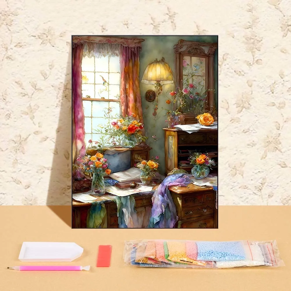 

DIY Diamond Painting Craft Supplies Full Round Drill Diamond Mosaic Flowers House Embroidery For Living Room Handmade Hobby