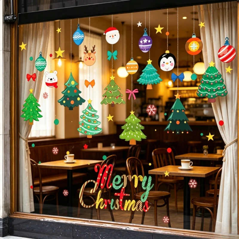 Colorful Cartoon Ornament Christmas Tree Snowman Reindeer Pendant Static Window Cling Double-Sided Merry Christmas Letter
