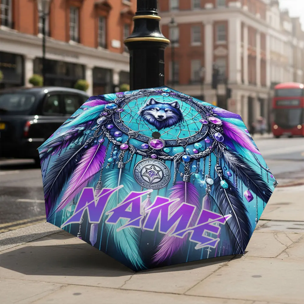 Custom Name Umbrella Wolf Dreamcatcher With Feathers And Gems Bohemian Ethnic Print Compact Folding Travel Parasol  Present