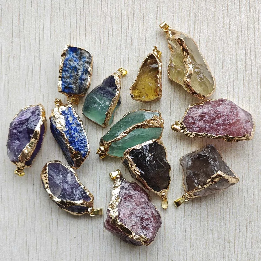 

New Fashion Natural Original Stone SmokyQuartz gold color side Irregular pendants diy jewelry Accessories making 12pcs Wholesale