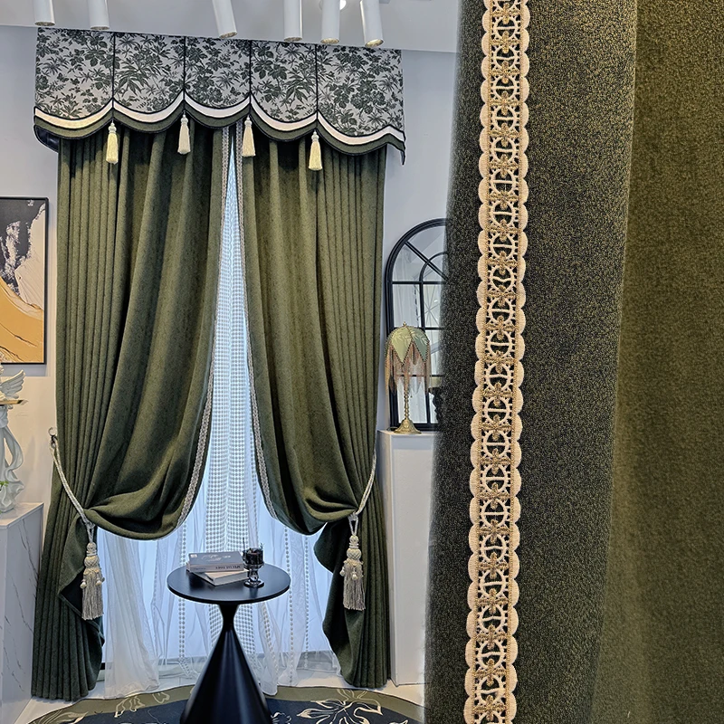 

Custom luxury French Nordic simple lace green chenille livingroom window blackout curtain tulle valance drape M1814