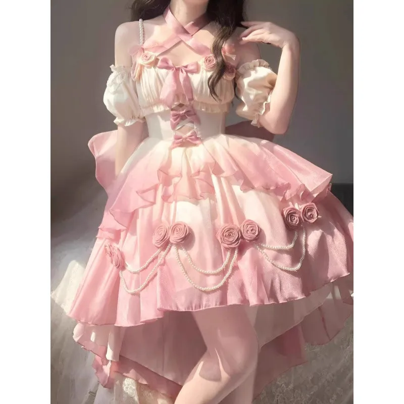 Light Flower Wedding Hollow out Front Short Back Long Lolita Thin and Glittering Dress Puffy Heavy Industry