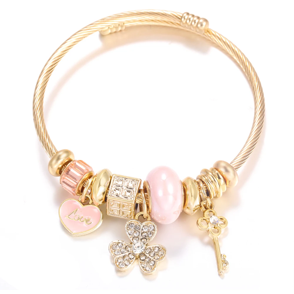 Rhinestone Flowers Pendant Golden Stainless Steel Beaded Bracelet 4 Colors High Quality Closure Bangles Women Bracelet Jewelry
