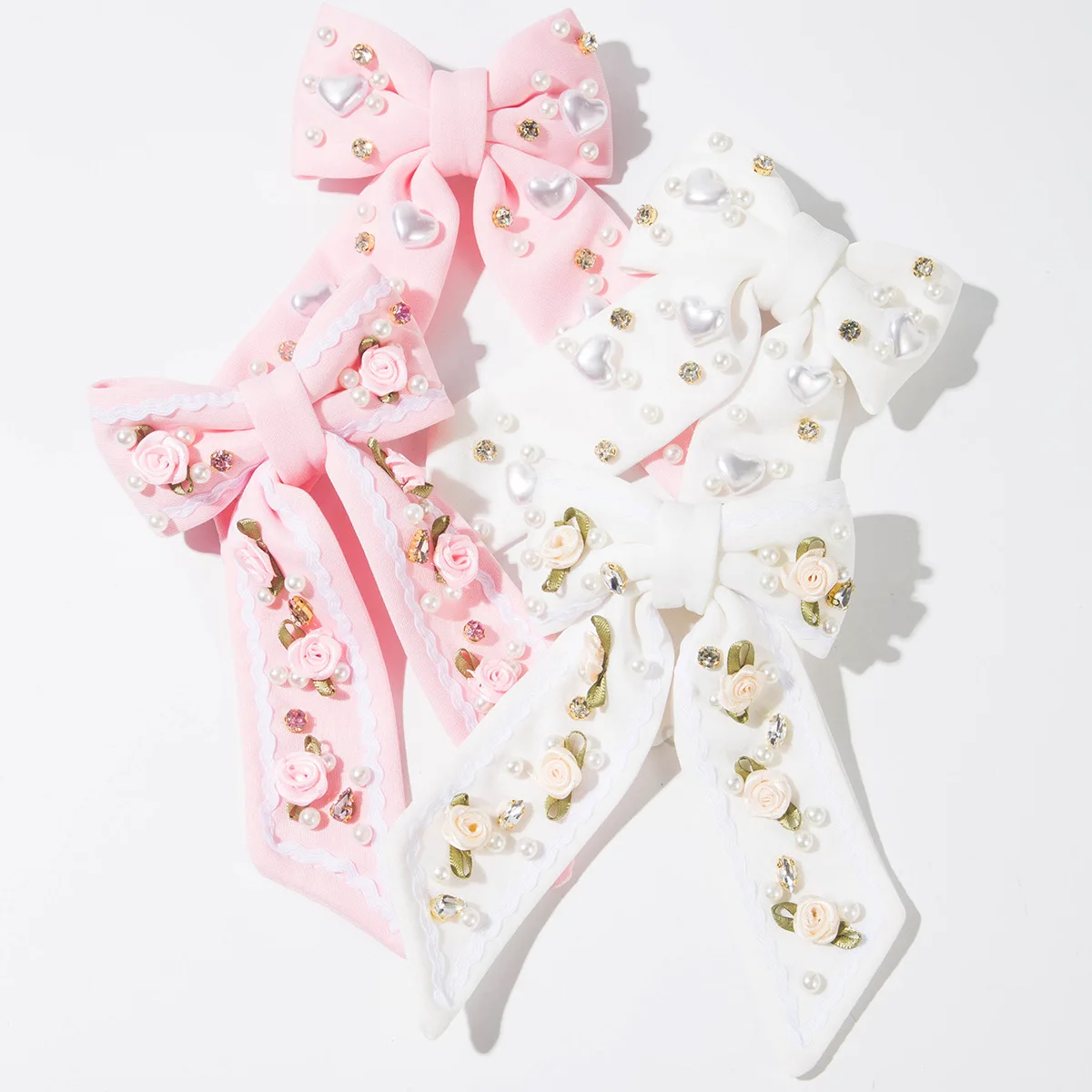 

Elegant Relief Rose Flower Bows With Pearl Beaded Circles Heart Accents Romantic Pink White Accessories For Bridal Shower