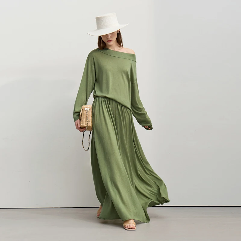 Amii Minimalist Long Skirt 2026 Spring New Solid Color Loose Skirts For Women Elastic Waist A-Line Knit Woman Clothes 12651010