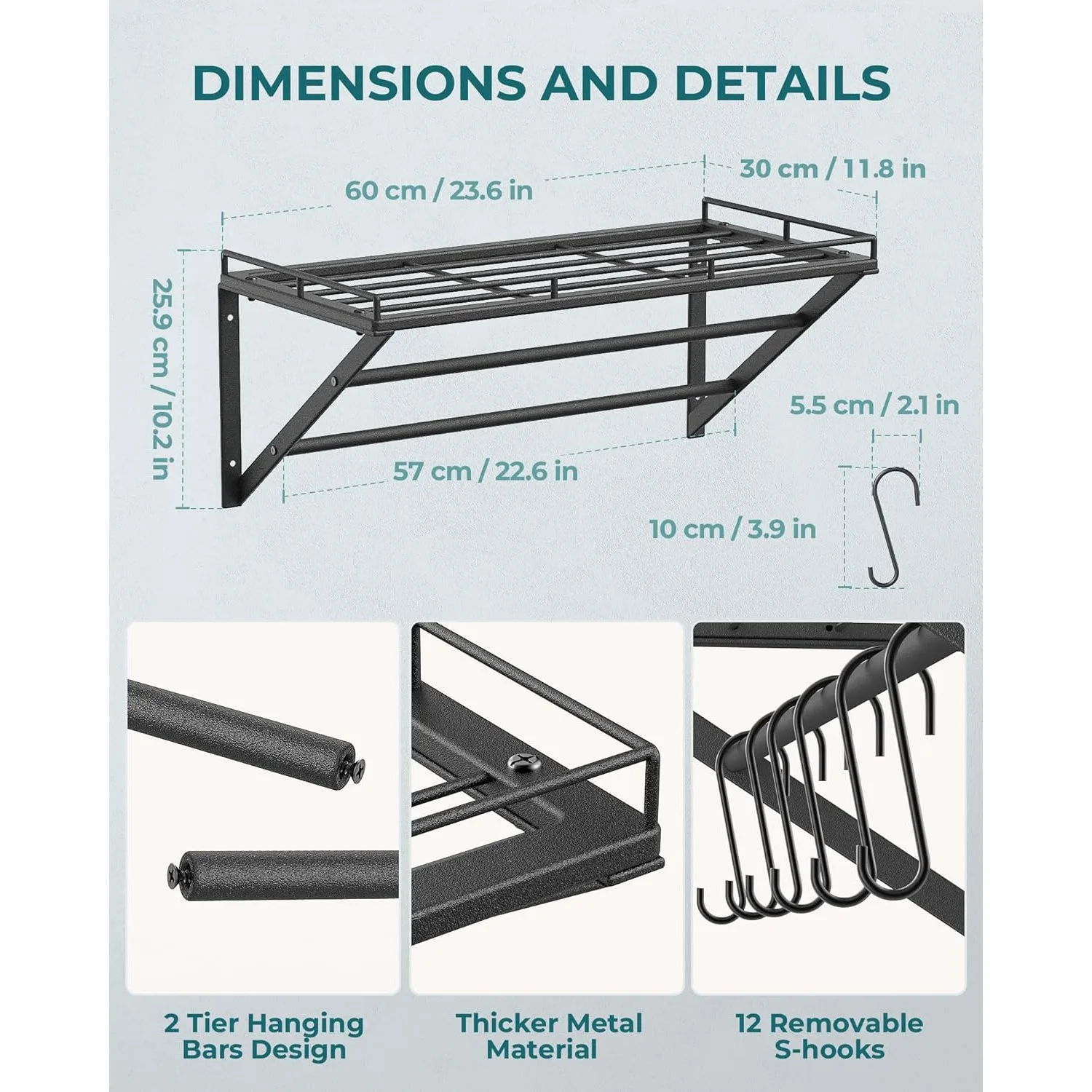 رف تخزين مثبت على الحائط مقاس 23 بوصة مع حاجز تعليق من طبقتين و12 خطافًا على شكل خطافًا، مثالي للمقالي والأواني،