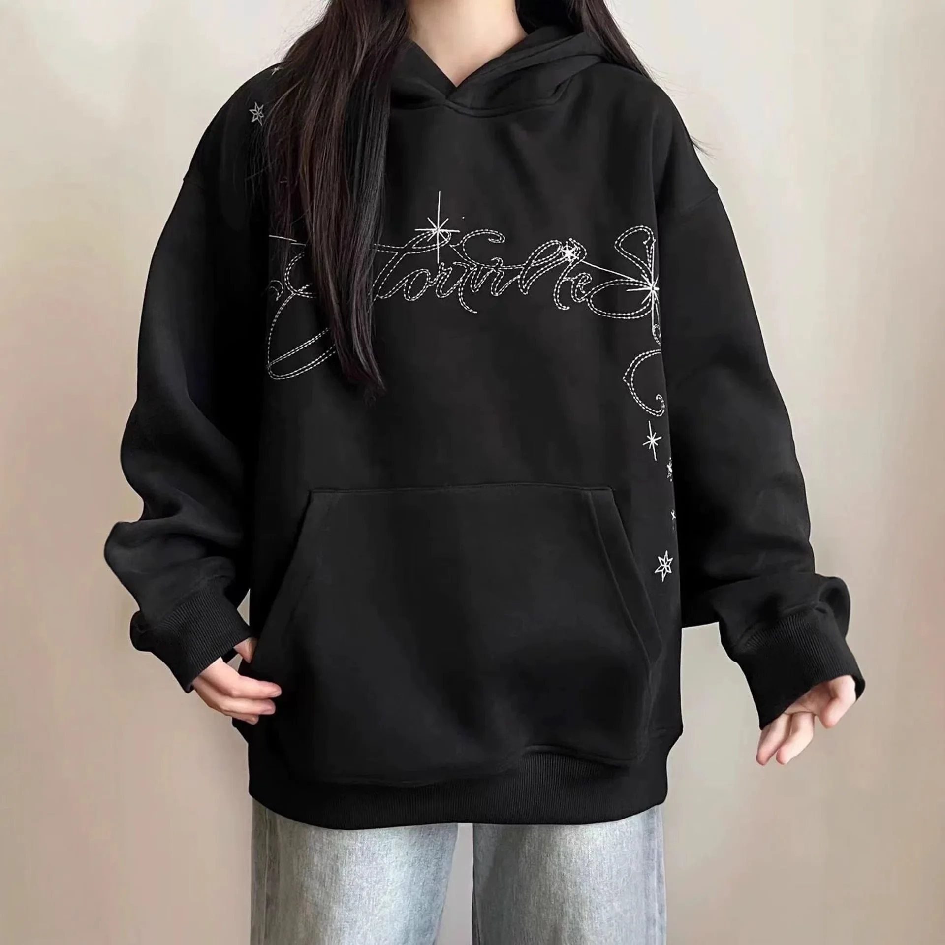 Korean High Street Embroidered Star Hoodie Autumn Winter Loose Casual Women's Hoodie Sweatshirt Coat Y2k Streetwear