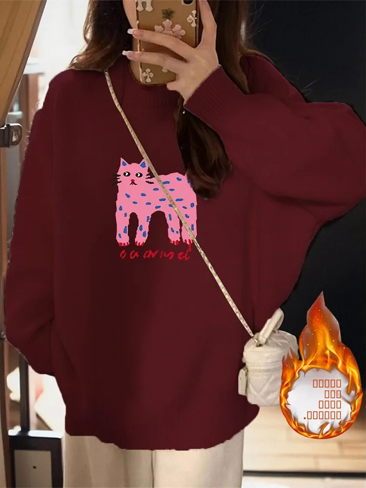 

Soft Cozy Wine Red American Retro round Ne Knitwear Women's Autumn Winter 2025 Lazy Sle Overhead Sweater Top