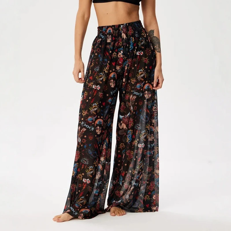 Pantalones elegantes con estampado Vintage para mujer, pantalones sencillos de gasa elásticos de cintura alta, pantalones de pierna ancha, ropa de playa Spice Girl, Bikini para cubrir 2025
