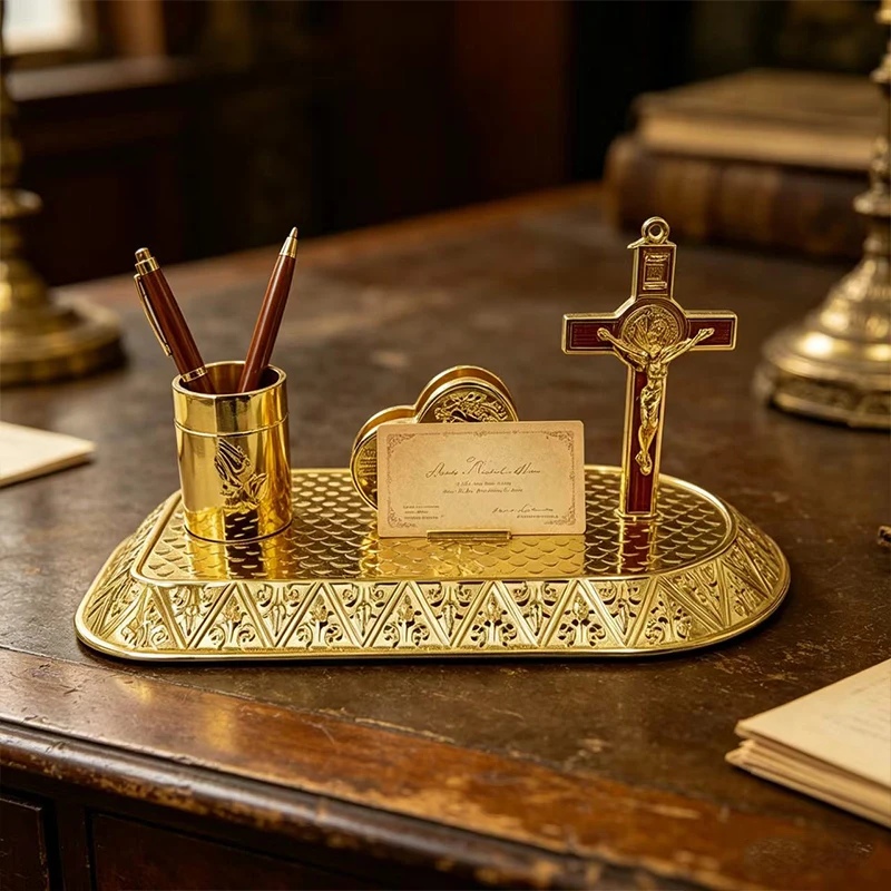 

New 2026 Gold Catholic Orthodox Religious Gift Set with Saint Benedict Crucifix Candle Holder for Home Altar Church Prayer Decor