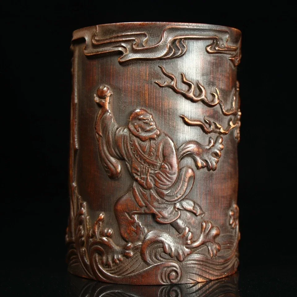 Noble Chinese Exquisite old Hand-carved Dragon Fighting Arhat bamboo Brush pot