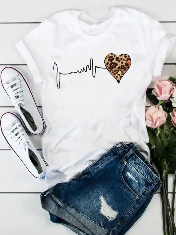 

Women's round Ne ort Sve T-irt Letter Print Casual Sle Mid-Length Comfortable Fit Summer Top Faion Trend