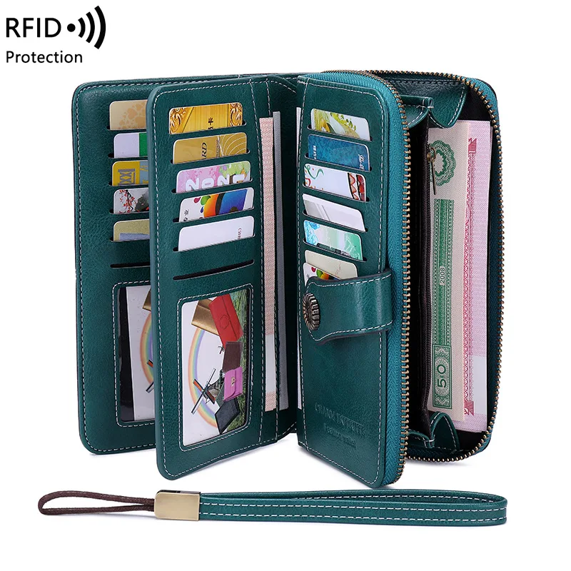 Billeteras Rfid largas para mujer, soporte grande para teléfono con cremallera, monedero estampado de cuero PU, tarjetero multifunción, novedad de