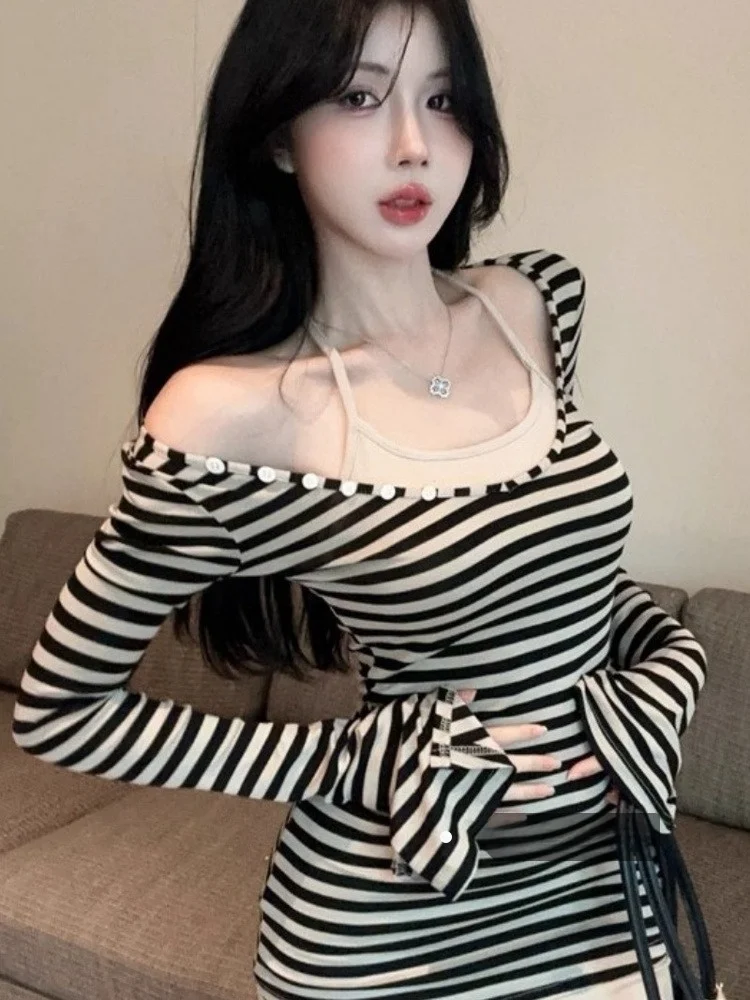 

American Stripe Netie Long Sve Women's Dr Slimming ort Skirt Sexy Waist-Cinching Autumn Faion Urban Commute