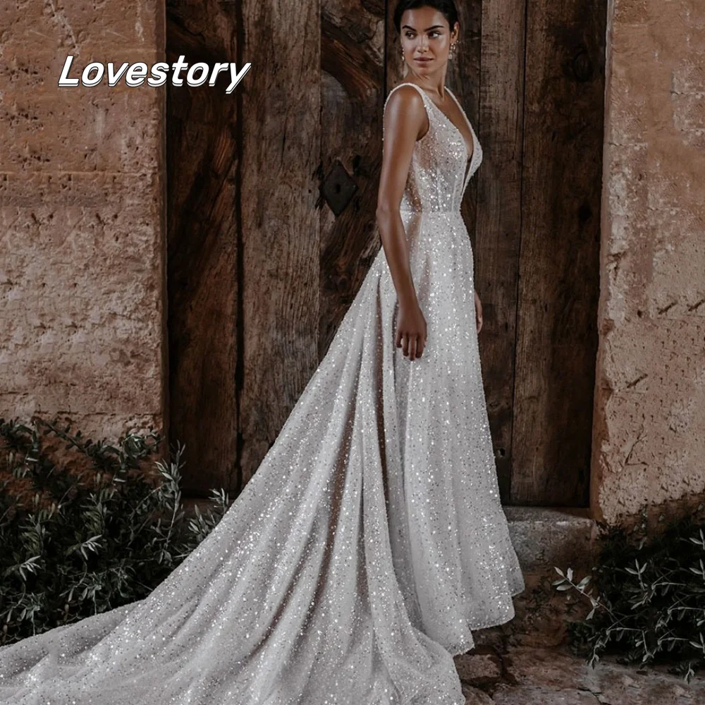 

A Line Boho Wedding Dresses Sparkle Deep V Neck Bridal Dress Court Train Tank Sequins Bridal Gowns Custom Vestidos