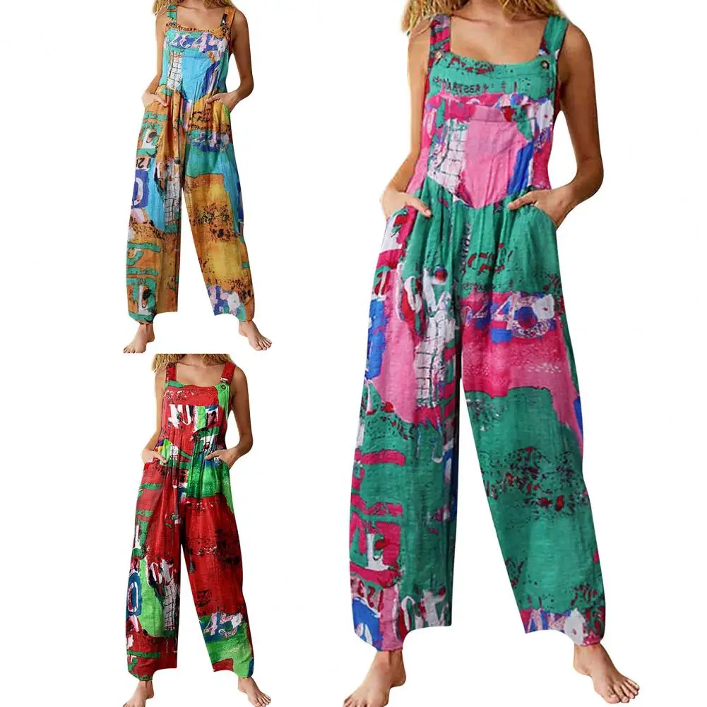 Macacão estilo étnico para mulheres, macacão multicolorido, gola quadrada, sem mangas, macacão casual com bolsos, macacão feminino, verão