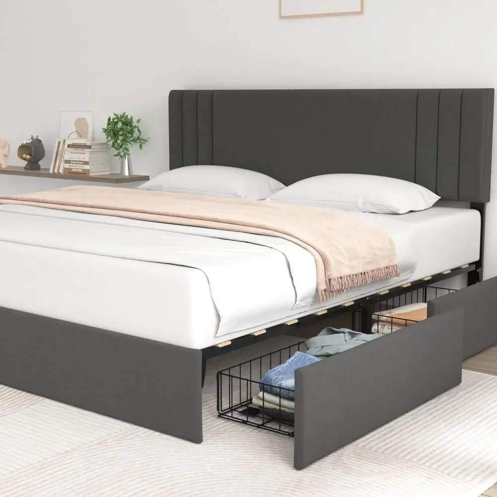 

Full Size Bed Frame Upholstered Full Bed Frame With 4 Storage Drawers and Adjustable Headboard Strong Wood Slat Support Bedroom