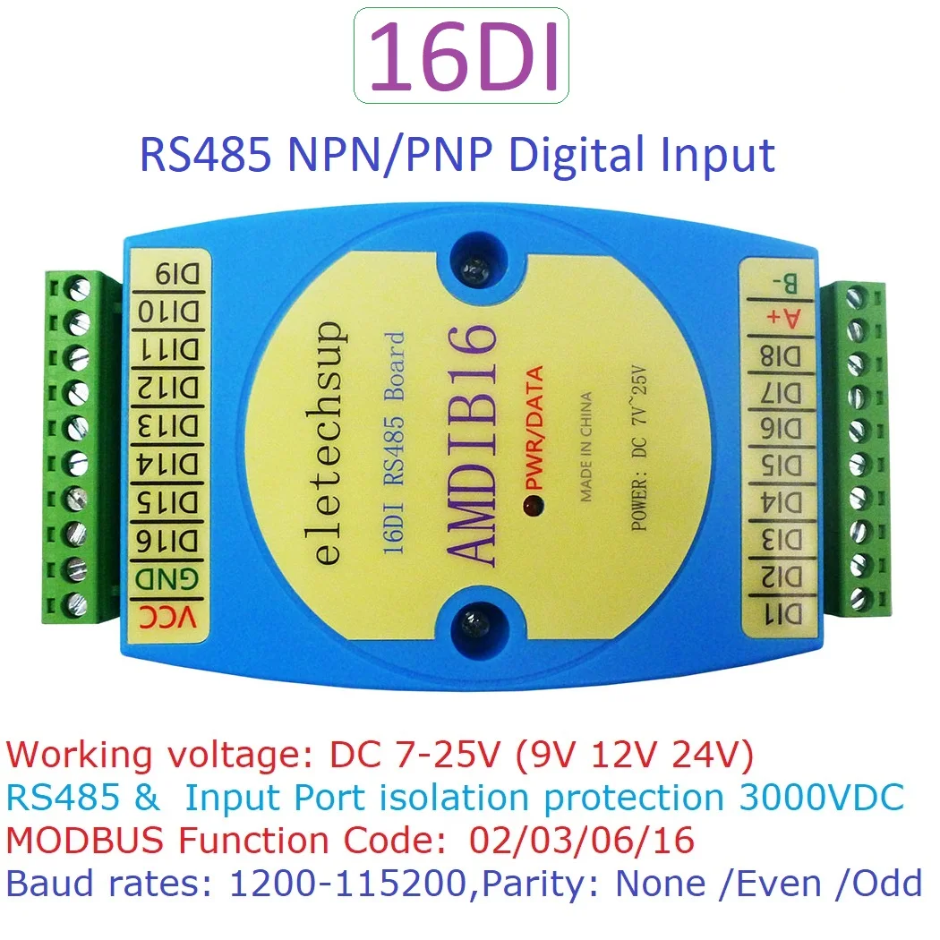 16DI DC 12V 24V NPN PNP Digital Input Module RS485 Isolated Communication MODBUS RTU PLC Expansion Board Raspberry Pi Arduino